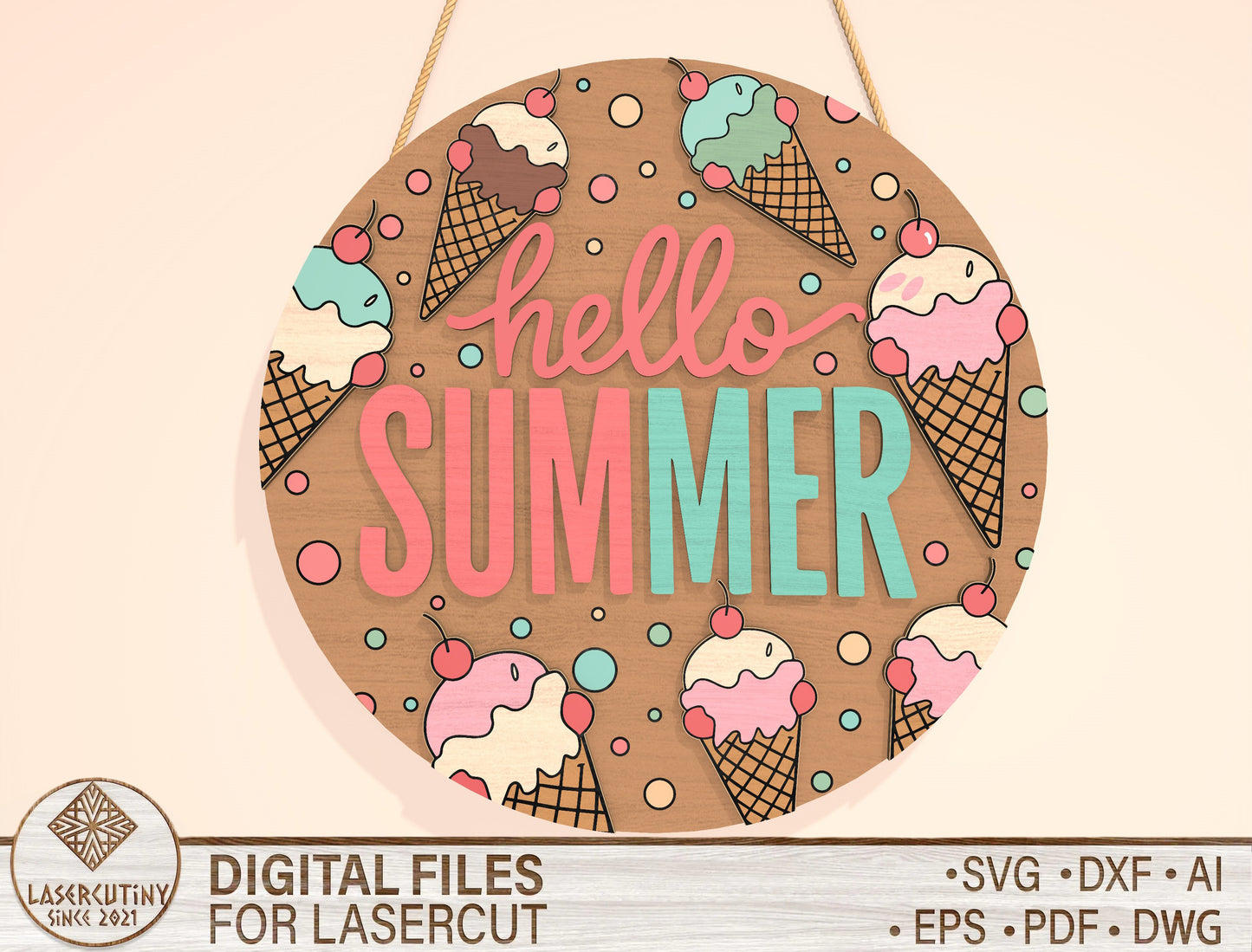 “Hello Summer” Ice Cream Door Sign SVG for Glowforge and xTool