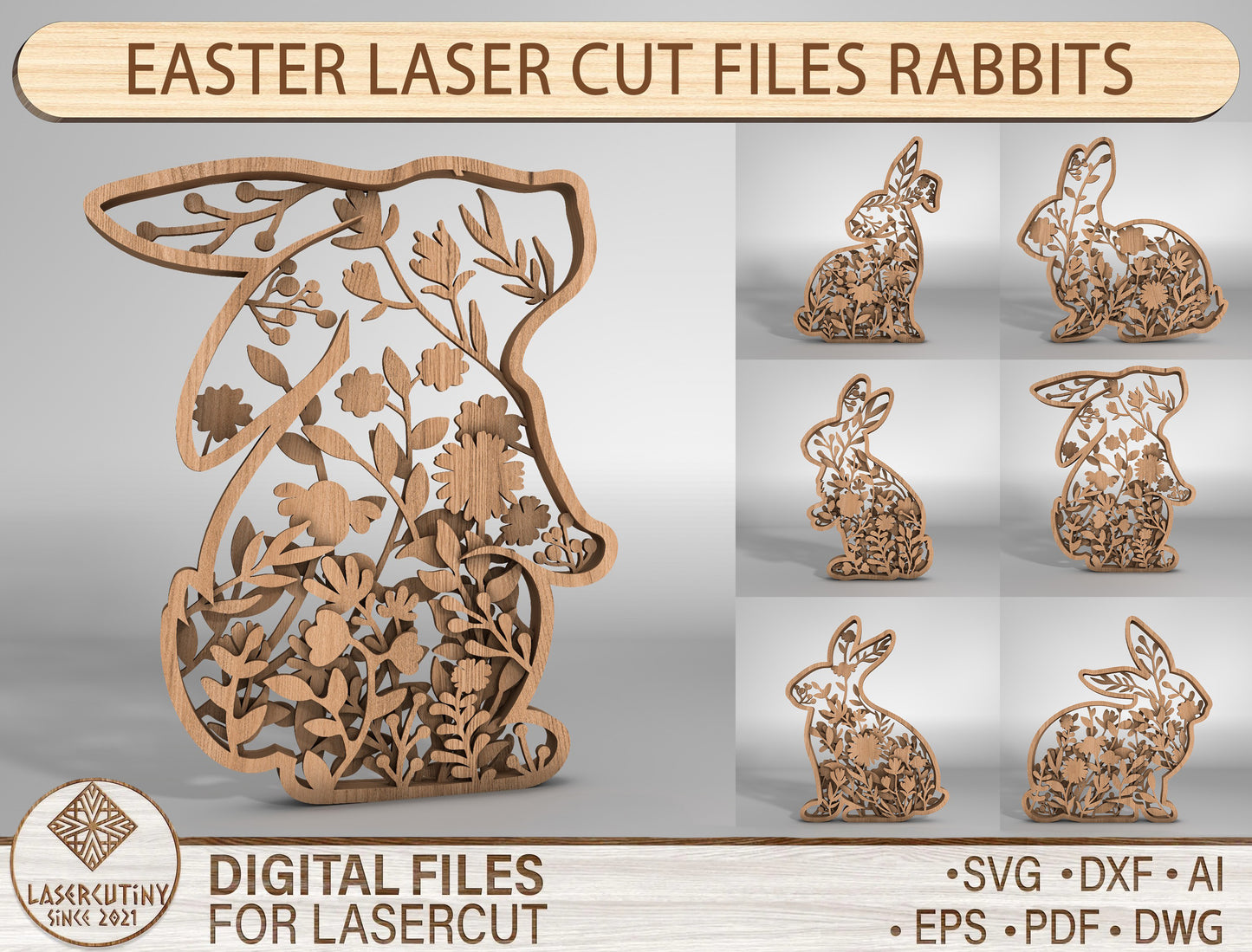 Floral Bunny Multilayer SVG Bundle Easter Layered Decor for Glowforge and xTool