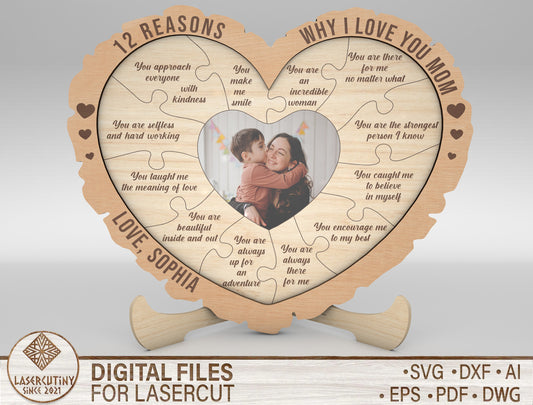 12 Reasons Why I Love You Mom SVG – Heart Photo Sign – Personalized Mother Gift