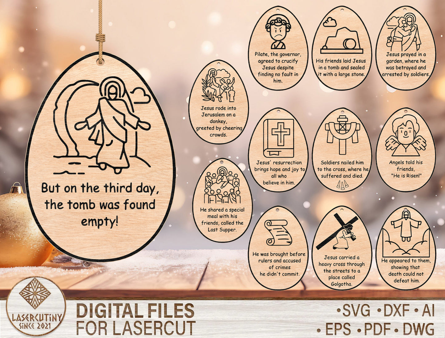Easter Story Ornament SVG Bundle Christian Egg 12 Designs for LightBurn