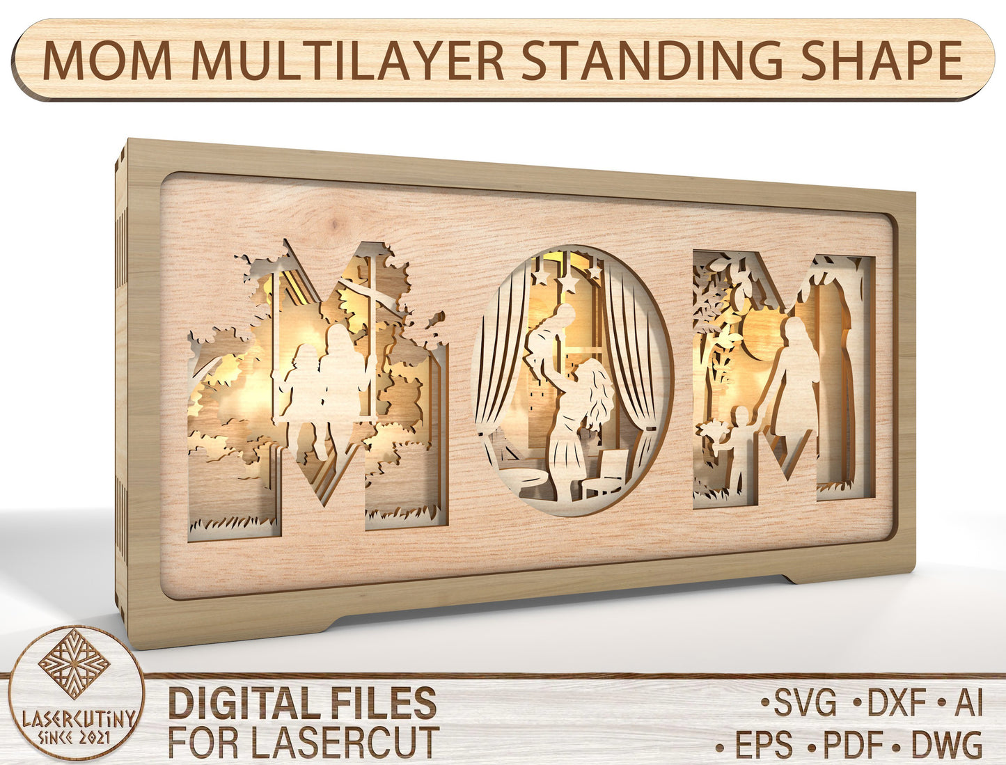 MOM Layered Story Light Box Frame SVG for Glowforge and xTool