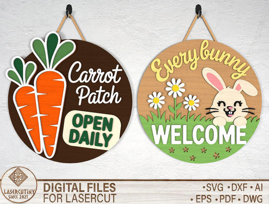 Easter Door Hanger Laser Cut File | Bunny & Carrot Patch Round Sign SVG | Wooden Spring Door Decor | Glowforge, xTool, LightBurn, etc.