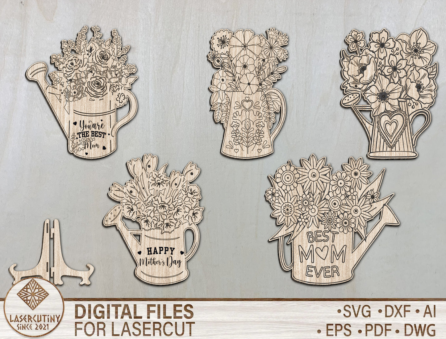 Floral Watering Can Mom Stand SVG Mother's Day Decor for Glowforge