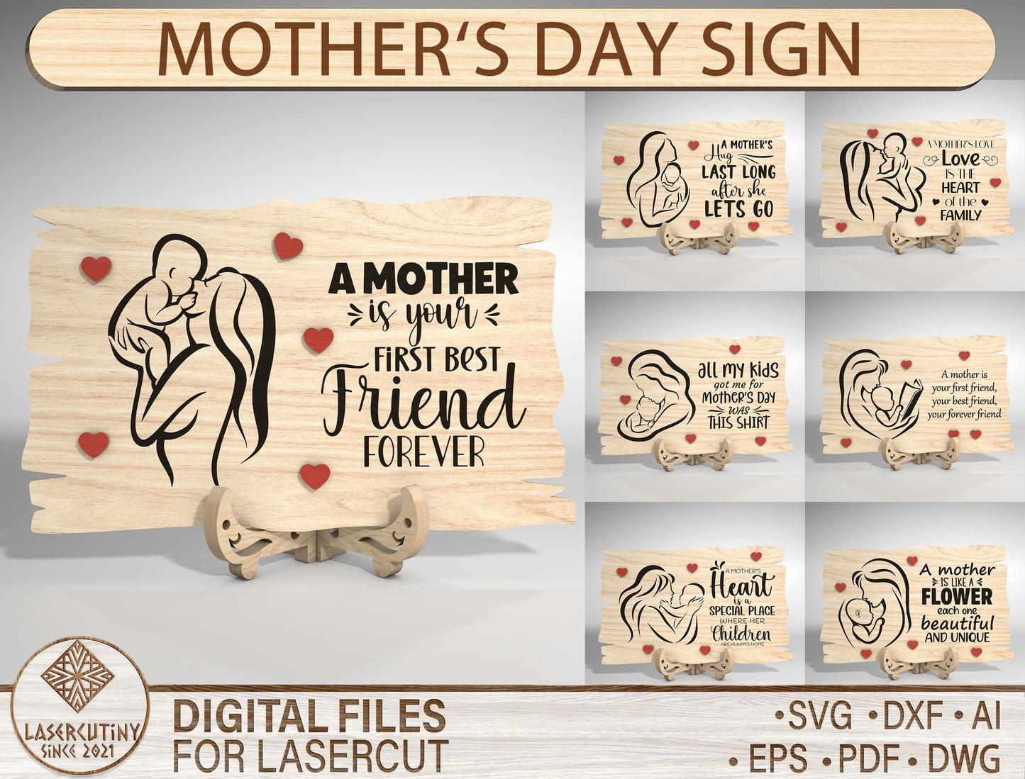 Mother and Child Line Art Wooden Sign SVG Laser Cut File for Glowforge and LightBurn