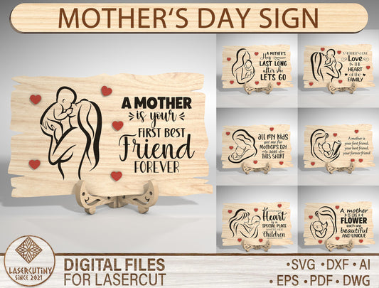 Mother and Child Line Art Wooden Sign SVG Laser Cut File for Glowforge and LightBurn
