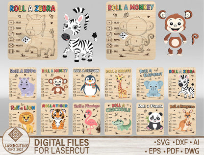 Kids Roll a Zoo Animal Game SVG Bundle for Glowforge xTool | 12 Designs