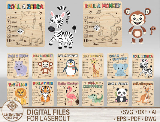 Kids Roll a Zoo Animal Game SVG Bundle for Glowforge xTool | 12 Designs