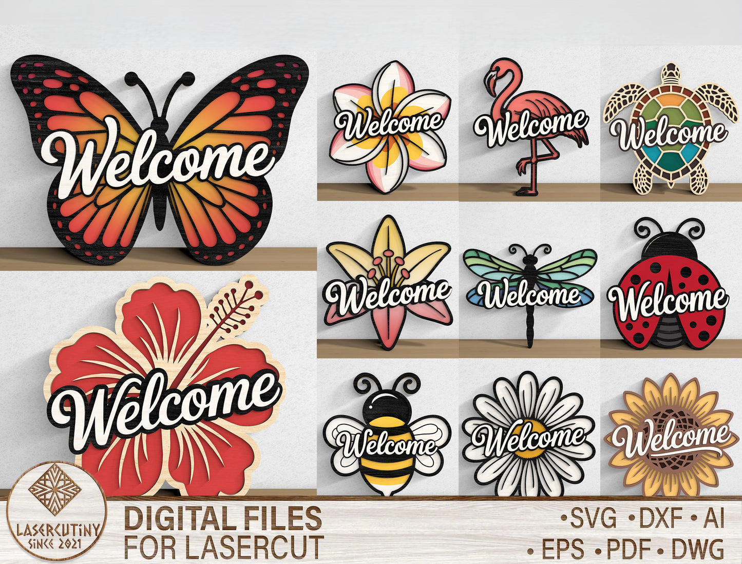 Butterfly Welcome Door Hanger SVG Bundle with 10 Tropical Designs for Glowforge