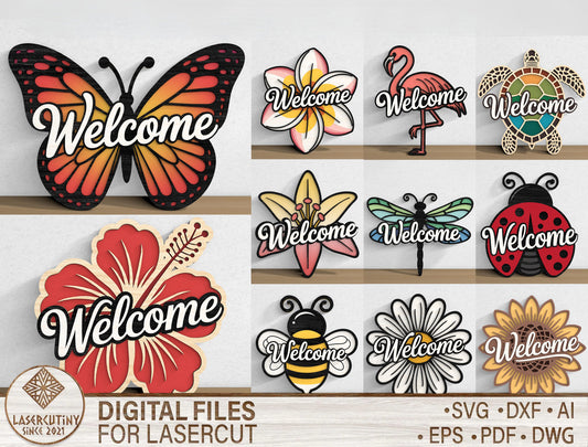 Butterfly Welcome Door Hanger SVG Bundle with 10 Tropical Designs for Glowforge