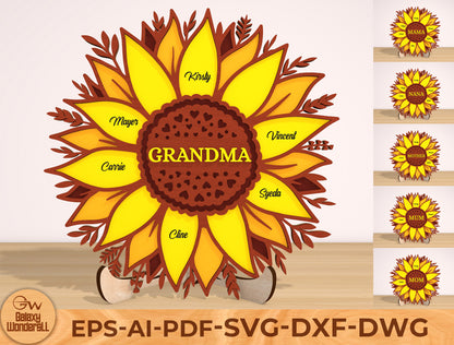 Mother’s Day Sunflower Laser Cut File | Personalized Mom Name Decor | Layered Floral Wooden Design | Glowforge, xTool, LightBurn, etc.