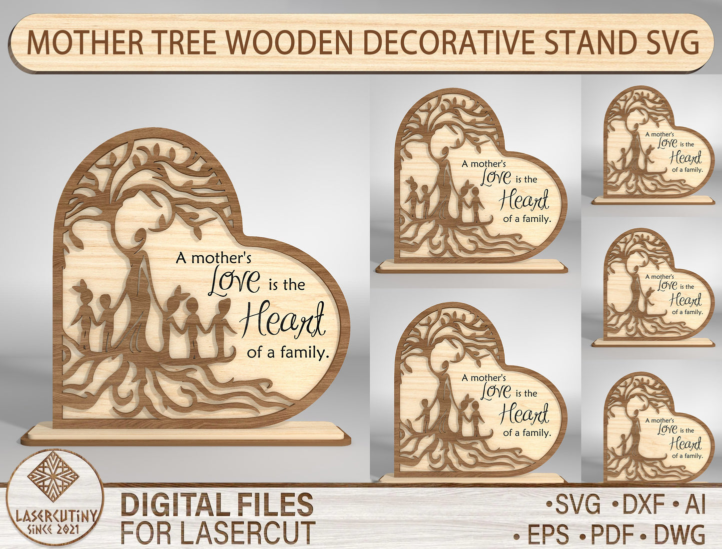 Mother's Love Family Tree Heart Sign SVG for xTool and LightBurn