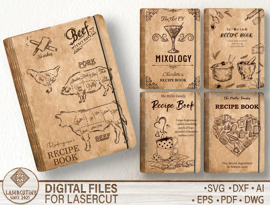 Butcher Chart Mixology Kitchen Recipe Book SVG for Glowforge