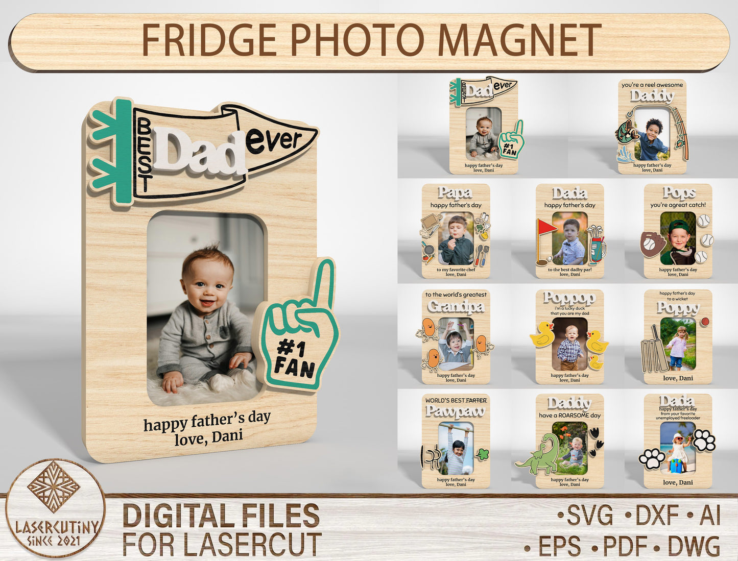 Dad Fridge Photo Magnet SVG Bundle Laser Cut File for xTool and LightBurn
