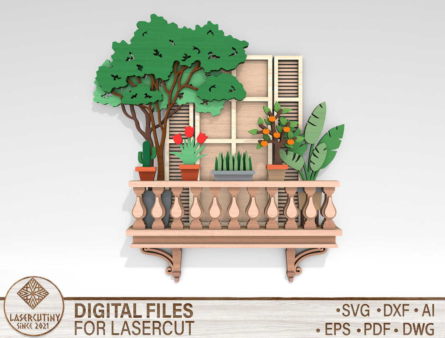 Balcony Garden SVG Multilayer Laser Cut File for Glowforge and LightBurn