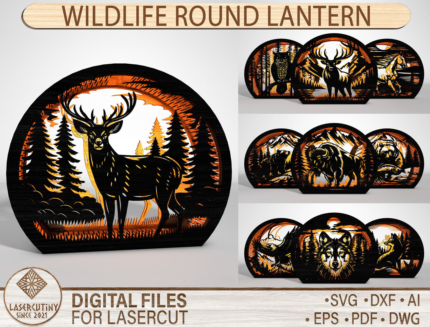 Wildlife Round Lantern SVG Bundle Laser Cut File for Glowforge and LightBurn