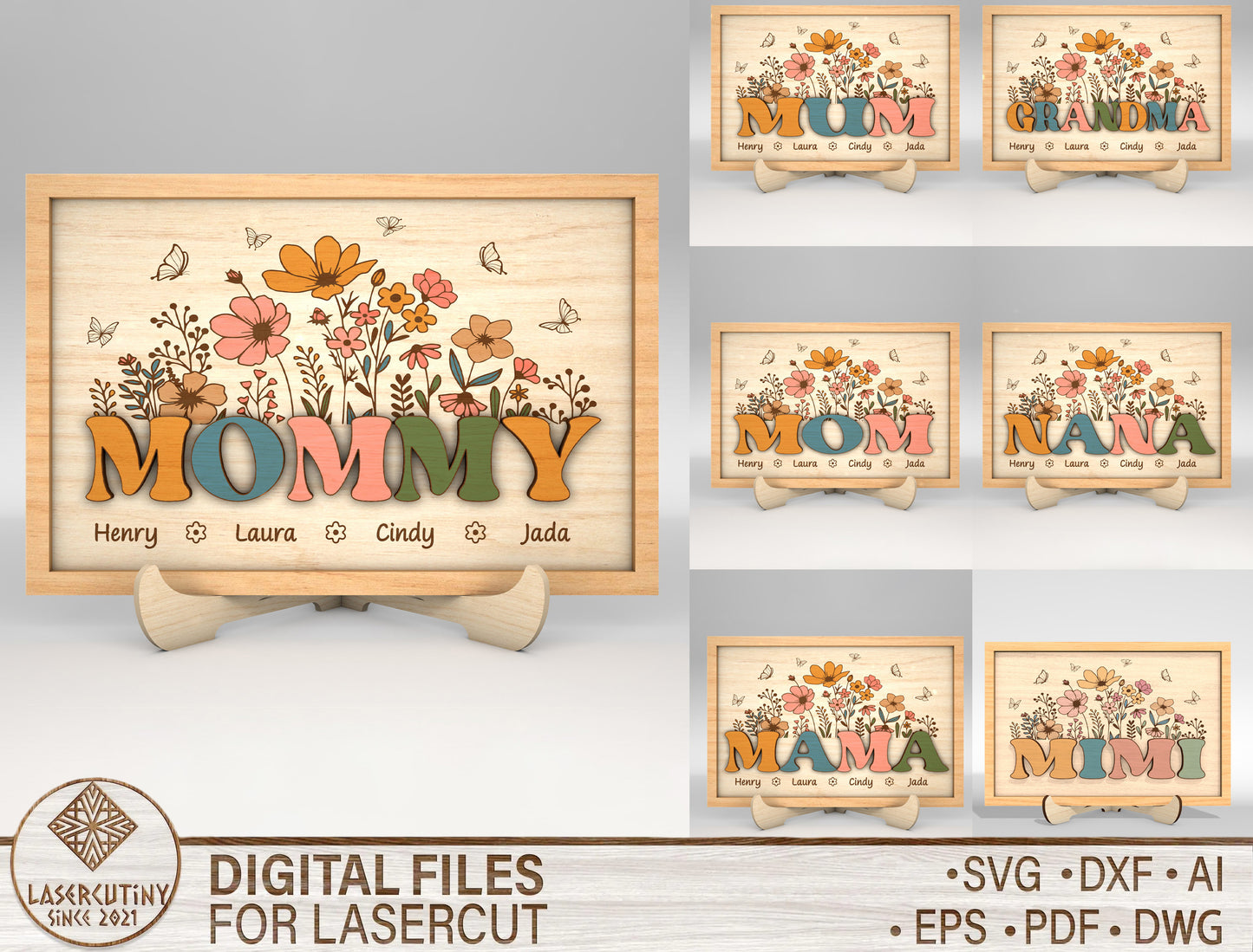 Personalized Mom Grandma Nana Floral Frame Sign SVG for Glowforge and LightBurn