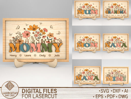 Personalized Mom Grandma Nana Floral Frame Sign SVG for Glowforge and LightBurn