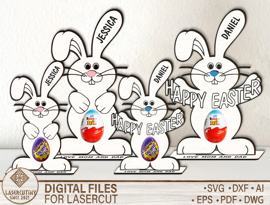 Personalized Easter Bunny Chocolate Holder Laser Cut File – Wooden Easter Decor SVG – Bunny Egg Candy Stand
