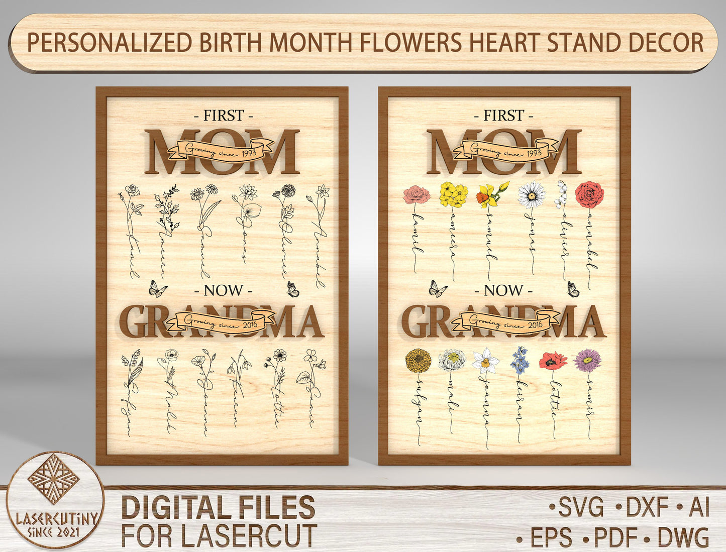 Birth Month Flower Frame SVG Mom to Grandma Bundle for LightBurn