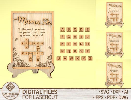 Custom Name Crossword Mama Sign SVG for LightBurn and Glowforge