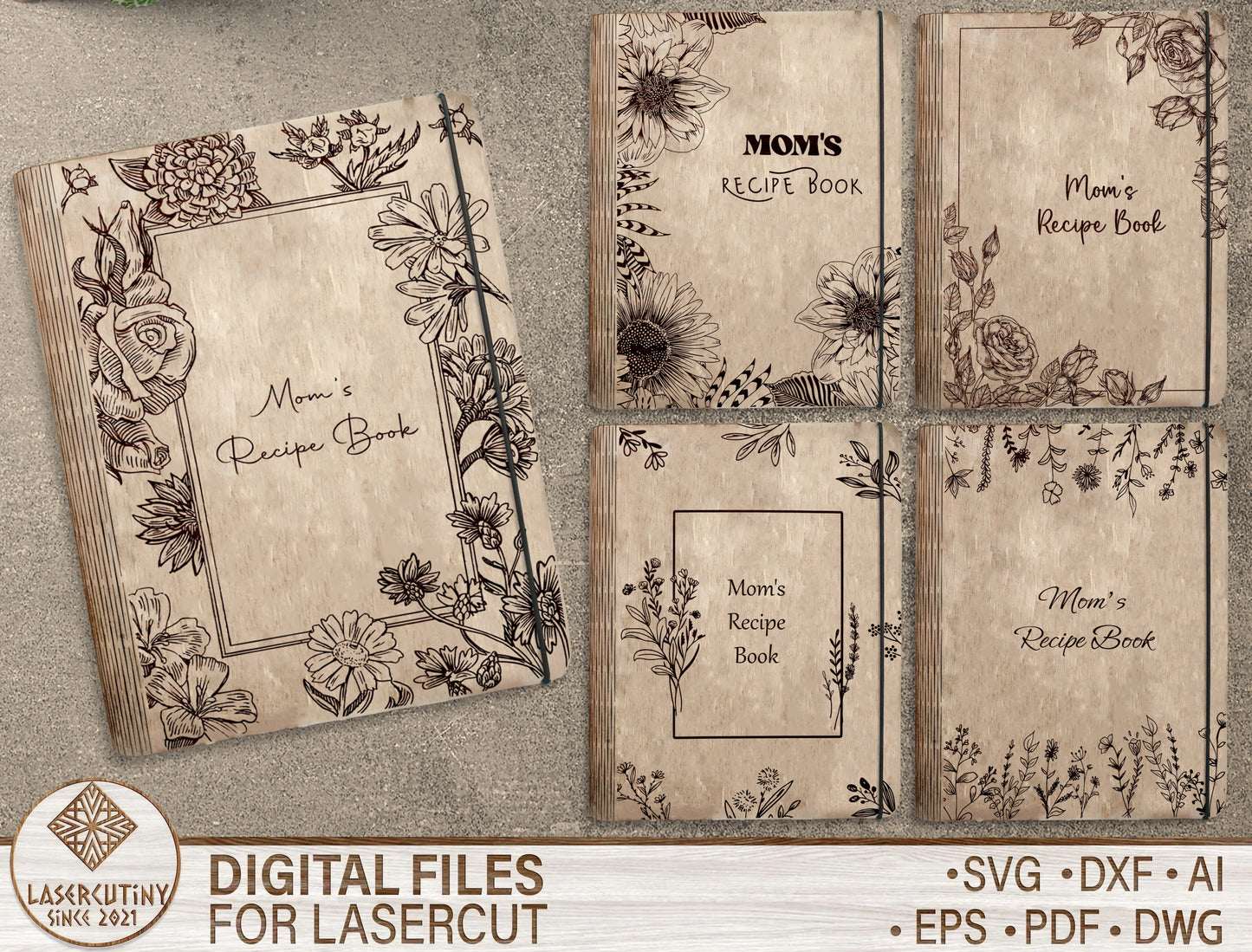 Mom's Minimal Floral Recipe Book SVG Cookbook Cover for Glowforge