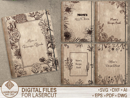 Mom's Minimal Floral Recipe Book SVG Cookbook Cover for Glowforge
