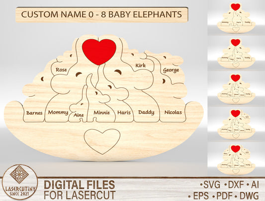 Elephant Family Puzzle Sign SVG Laser Cut File for Glowforge and xTool