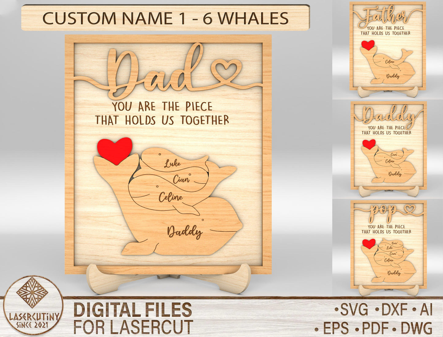 Dad Whale Family Custom Name Sign SVG Laser Cut File for LightBurn and xTool