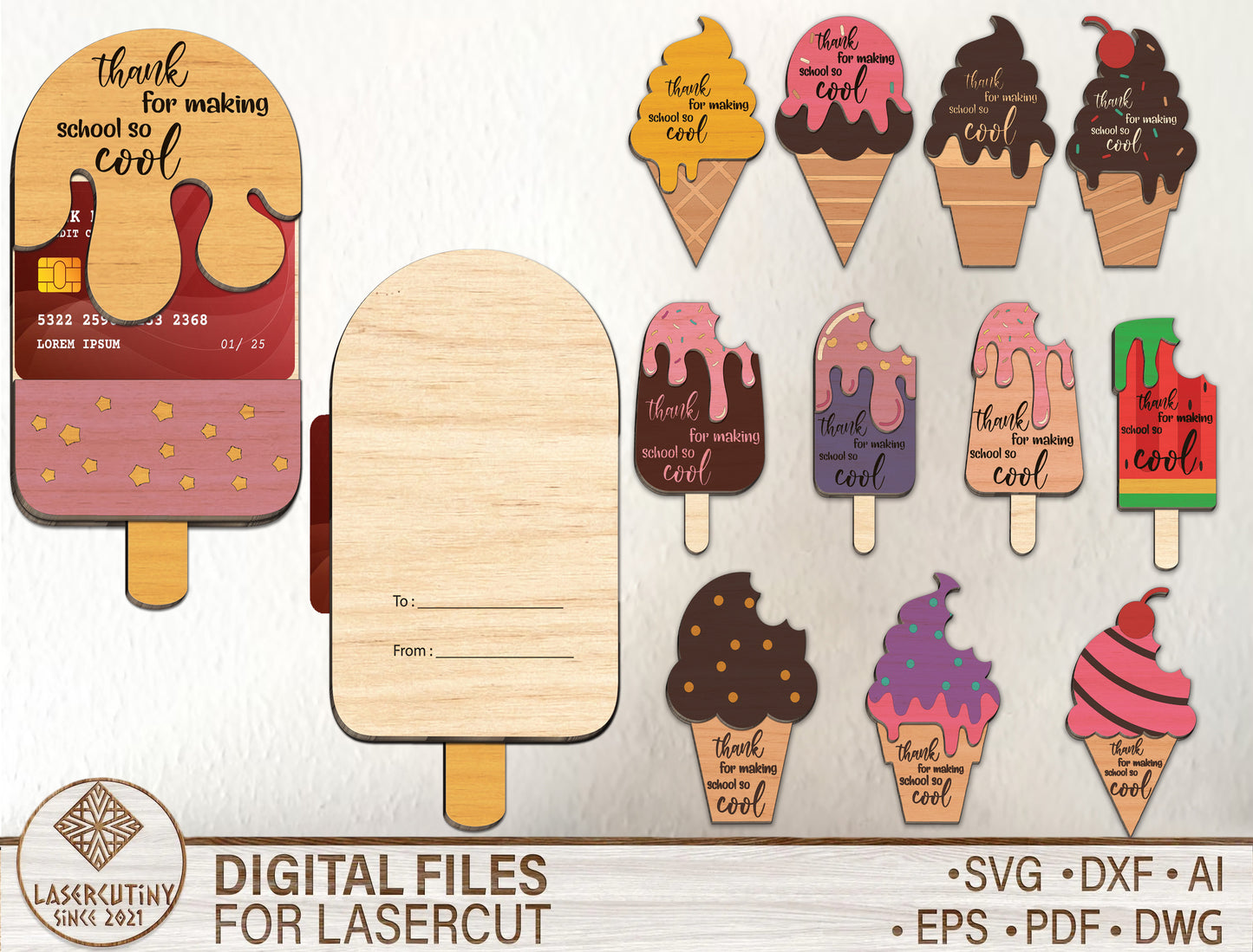 Teacher Ice Cream Card Holder Bundle SVG Laser Cut File for Glowforge and xTool