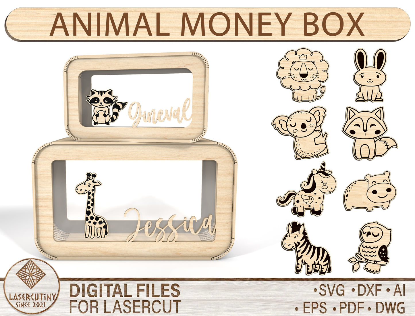 Personalized Animal Money Box SVG Laser Cut File for Glowforge and xTool