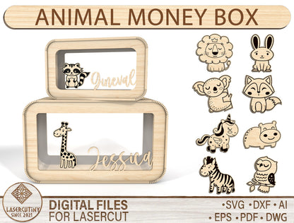 Personalized Animal Money Box SVG Laser Cut File for Glowforge and xTool