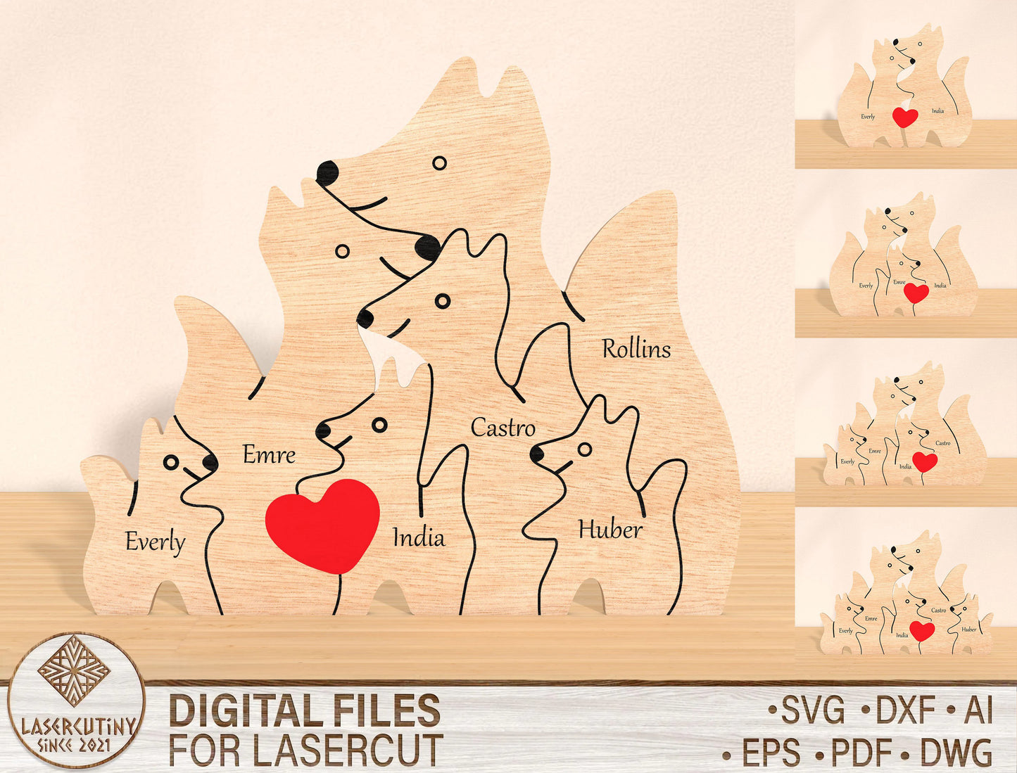 Wolf Family Puzzle Sign SVG Personalized Wolf Pack for Glowforge