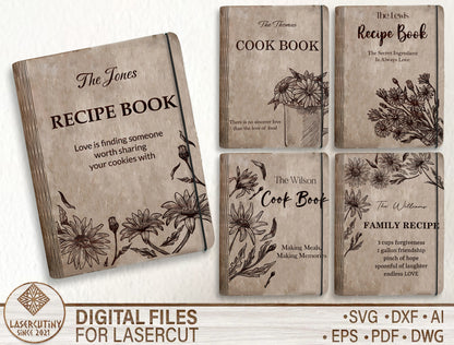Family Vintage Floral Recipe Book SVG Engraved Binder for Glowforge