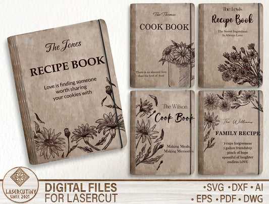 Family Vintage Floral Recipe Book SVG Engraved Binder for Glowforge