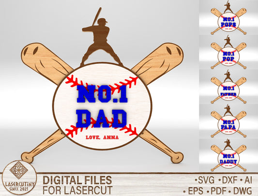 No.1 Dad Baseball Sports Sign SVG Laser Cut File for Glowforge and xTool