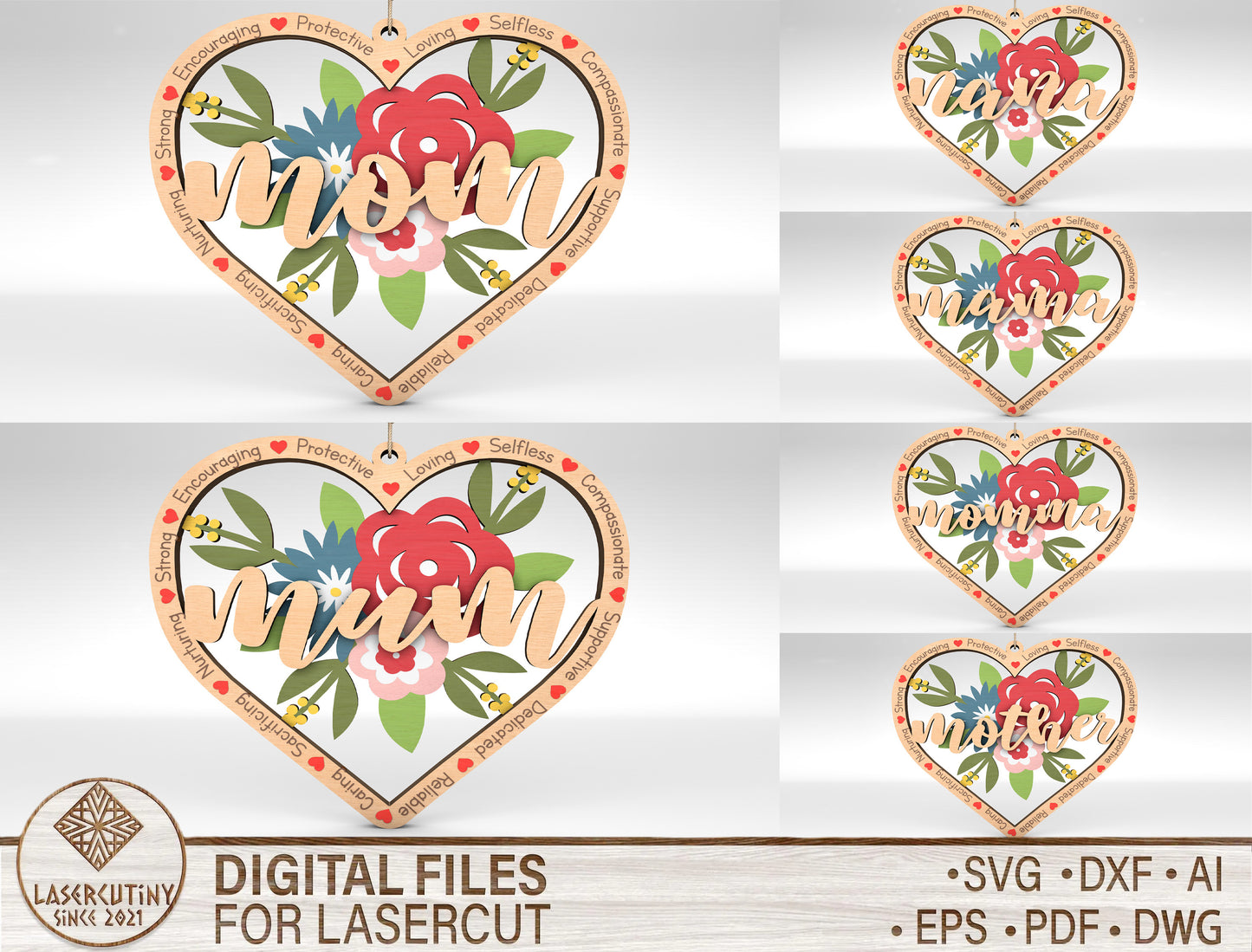 Mom Floral Heart Ornament SVG Flower Mom for Glowforge and xTool