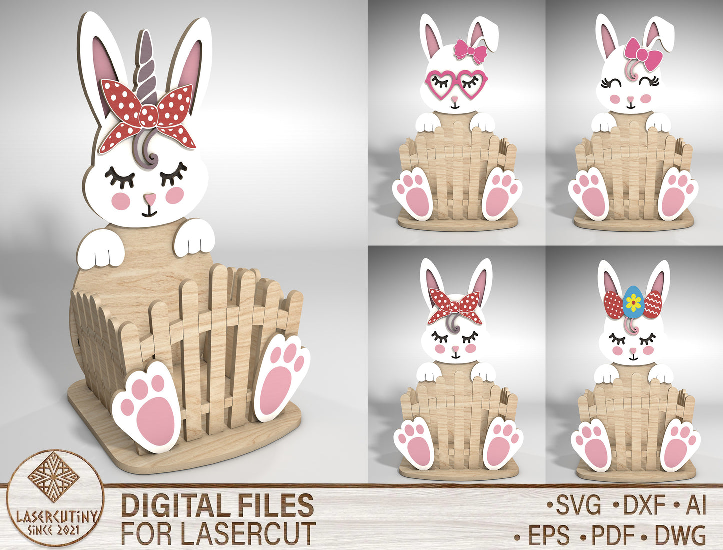 Easter Bunny Basket SVG Cute Wooden Fence 5 Designs for Glowforge and xTool