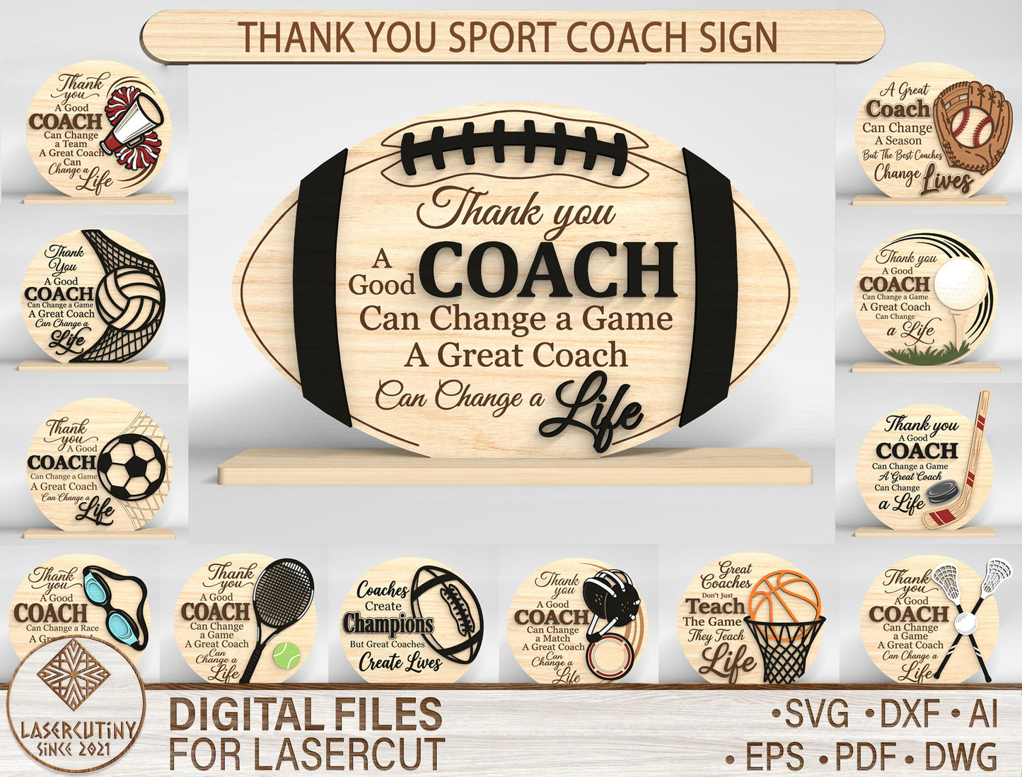 Thank You Coach Sign SVG Bundle for Glowforge and LightBurn