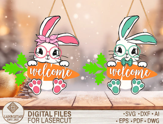Bunny Welcome Door Hanger SVG – Easter Wooden Door Decor – Cute Rabbit Carrot Laser Cut File
