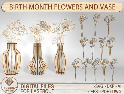 Birth Month Flower Stem Vase SVG Bundle for Glowforge and LightBurn