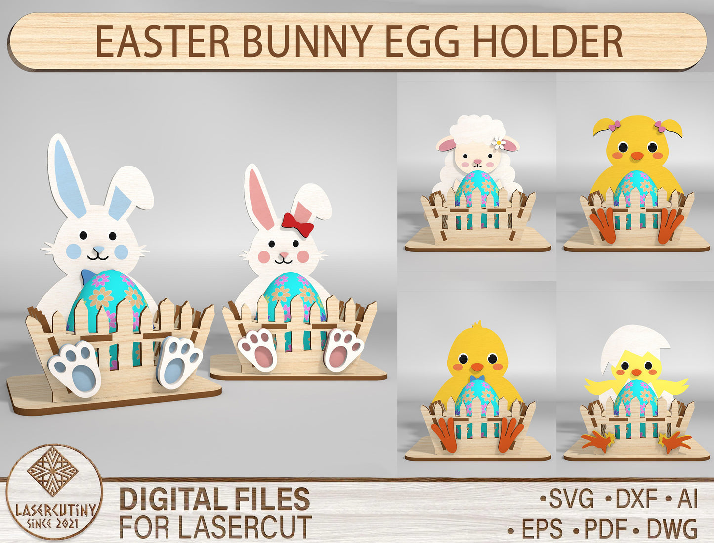 Easter Egg Holder Stand SVG Bunny Chick Lamb 8 Designs for LightBurn and xTool