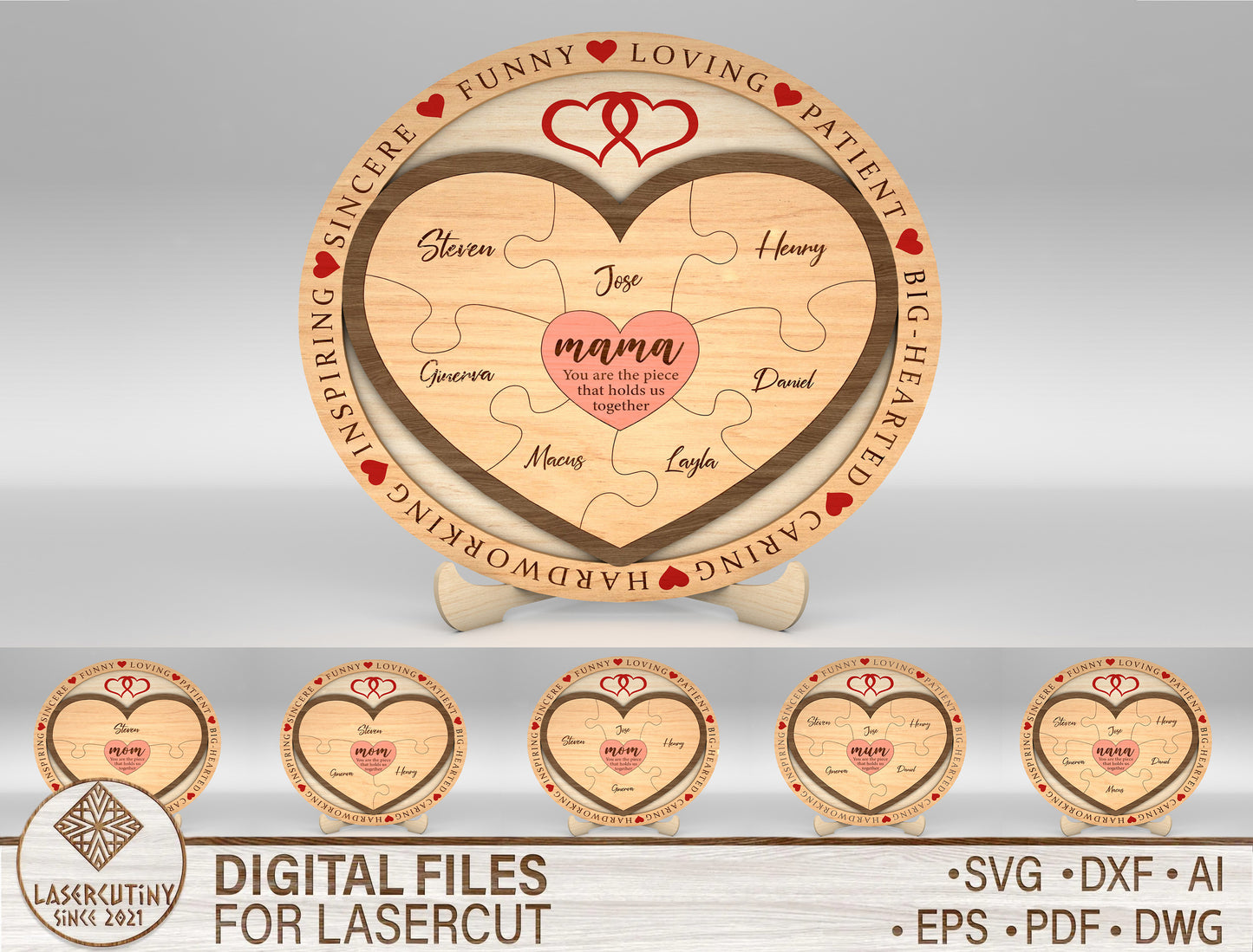 Custom Name Family Heart Sign SVG Multiple Mom Titles for Glowforge