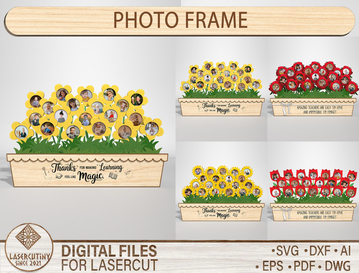 Teacher Flower Photo Frame SVG Bundle Laser Cut File for Glowforge and LightBurn