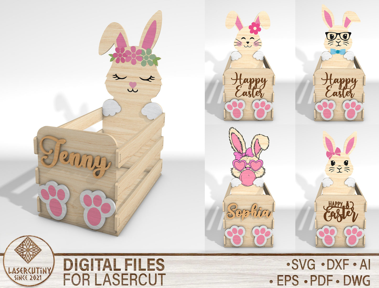 Personalized Bunny Basket Holder SVG Easter Wooden Crate for LightBurn and xTool