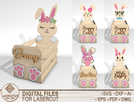 Personalized Bunny Basket Holder SVG Easter Wooden Crate for LightBurn and xTool