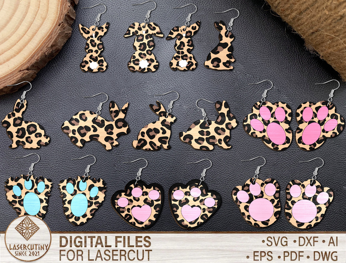 Leopard Bunny Earrings SVG Bundle 12 Animal Print Easter for Glowforge