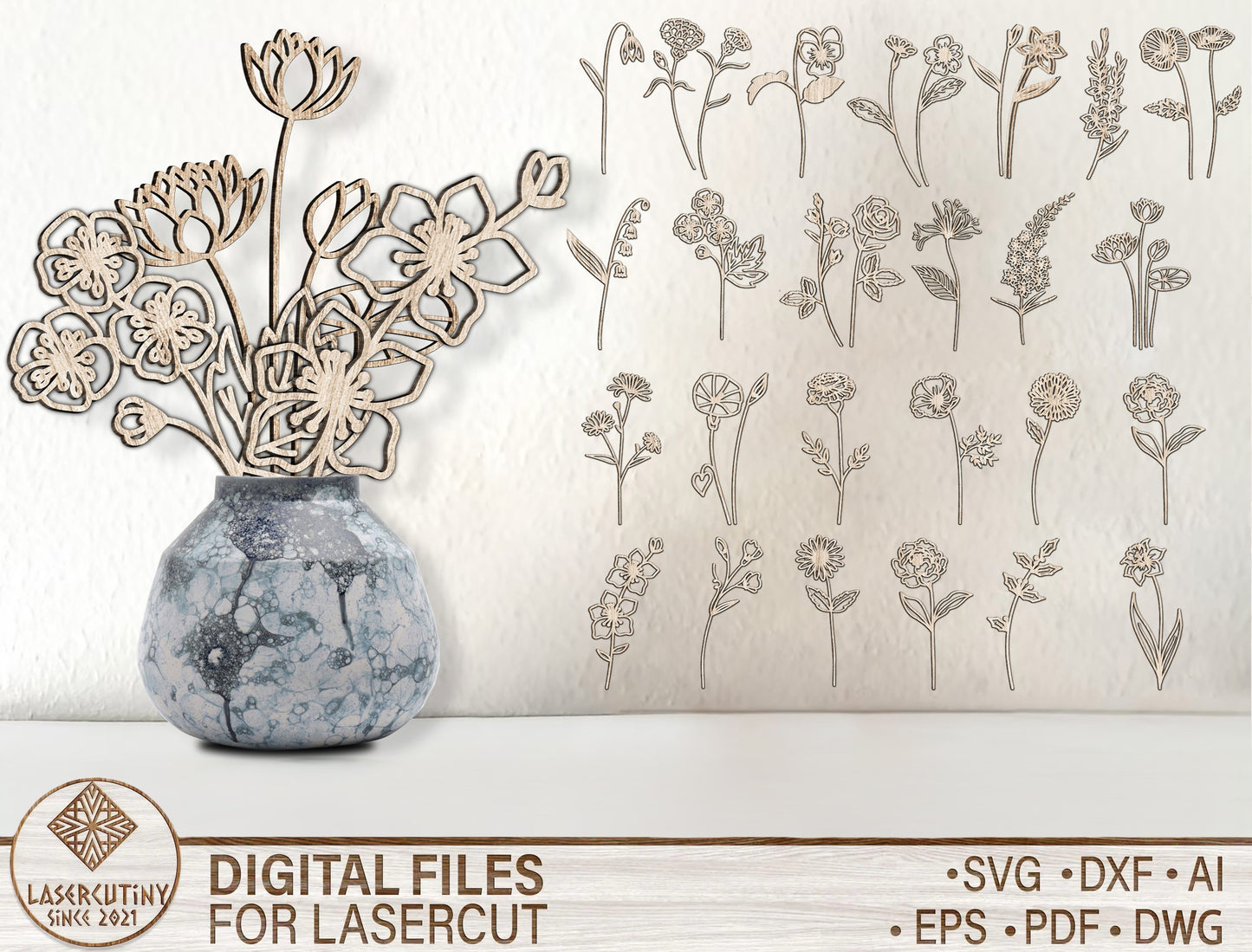 Birth Month Flower Botanical SVG Set Engraved Style for LightBurn