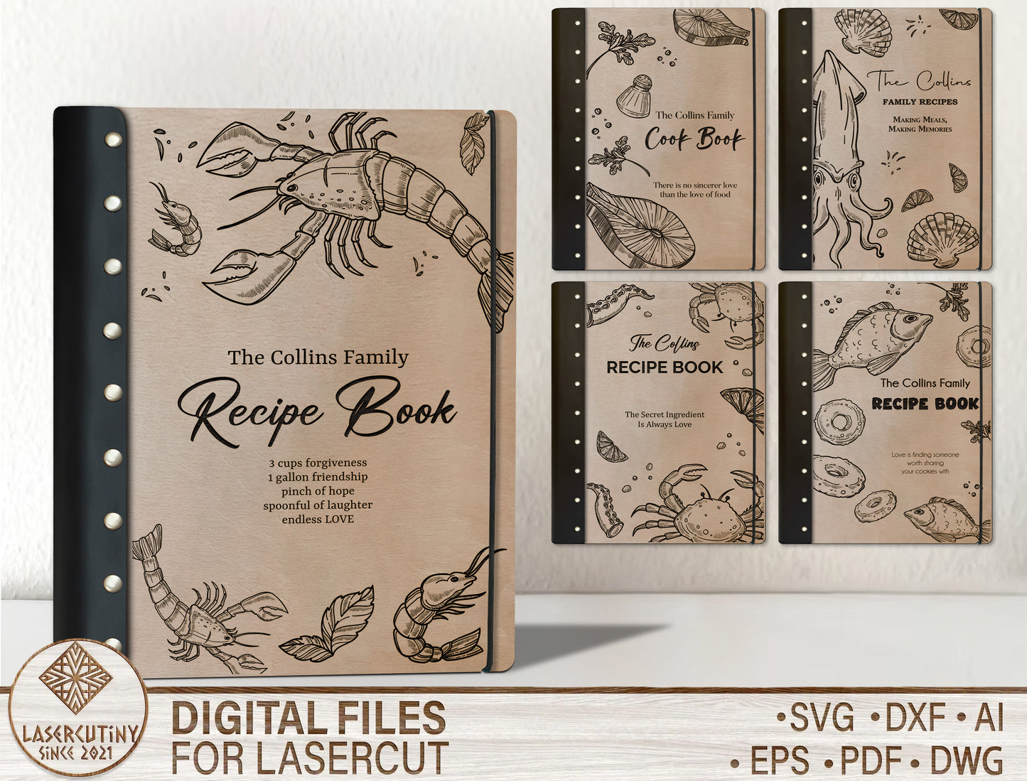 Mother's Day Seafood Recipe Book SVG Cookbook Cover for Glowforge