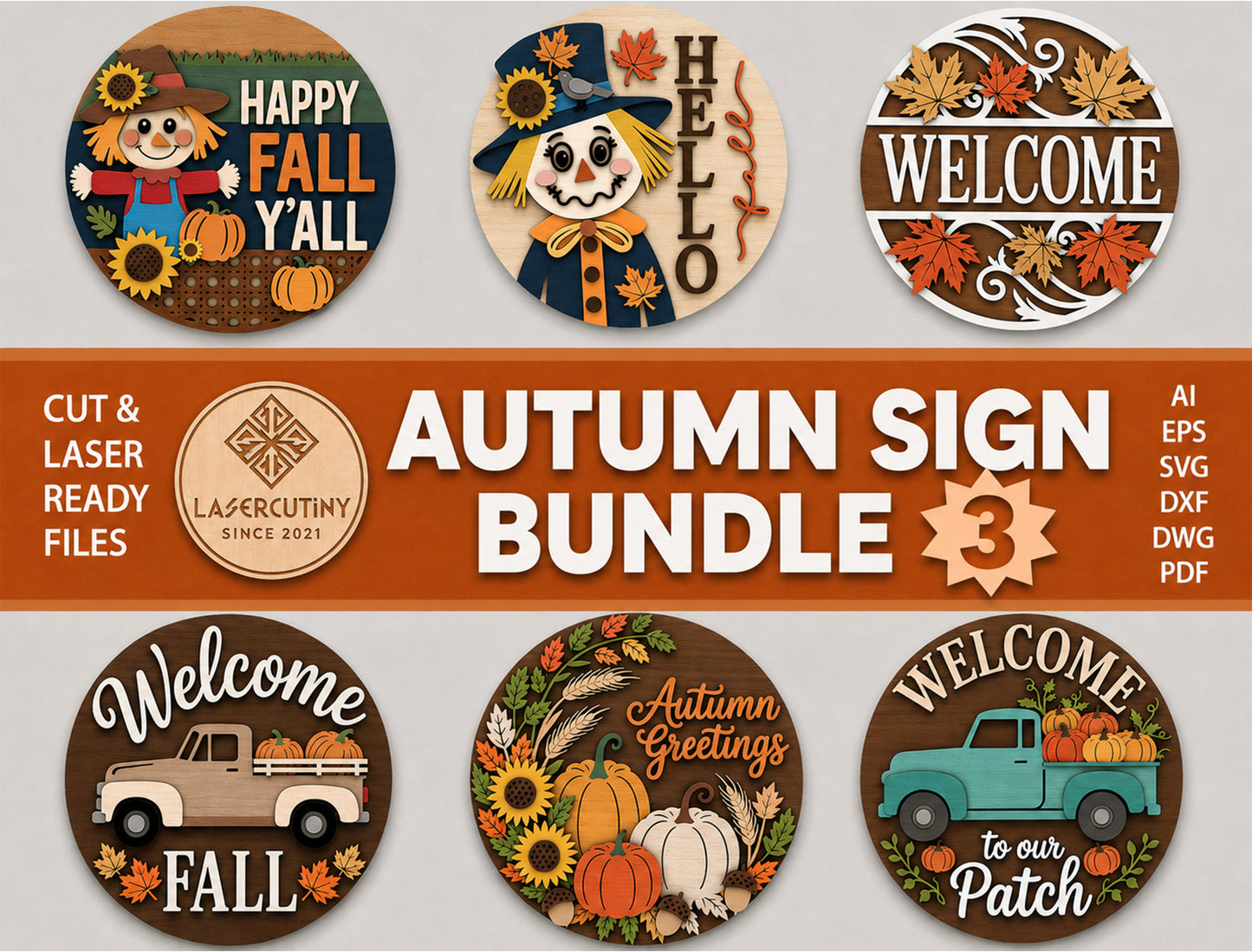 Fall Scarecrow and Truck Door Hanger SVG Bundle for Glowforge xTool LightBurn 6 Designs