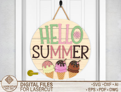 Hello Summer Ice Cream Door Hanger SVG Laser Cut File for Glowforge and xTool